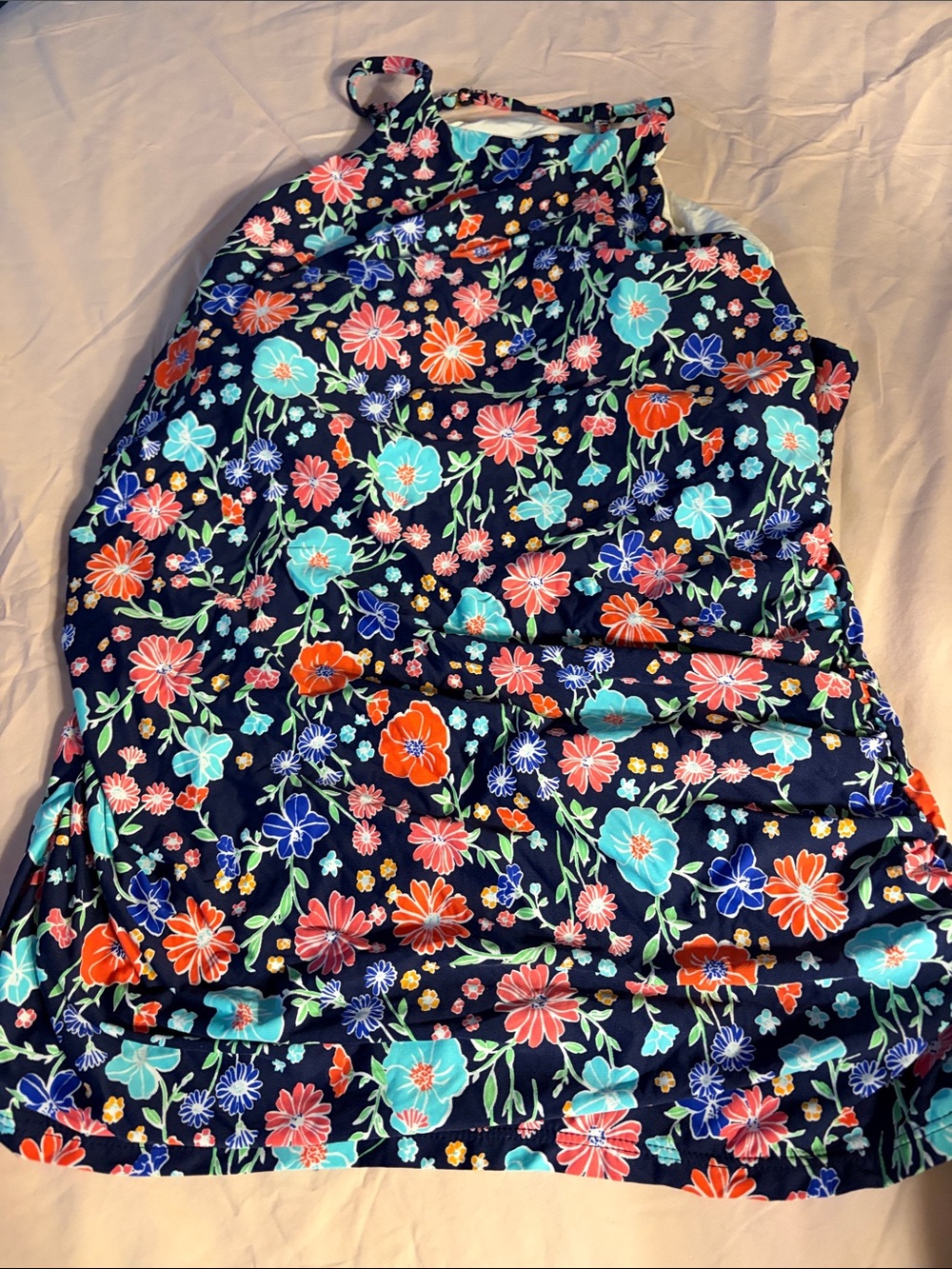Anne Cole Navy Floral Halter Swim tankini with Coral & Aqua Flowers